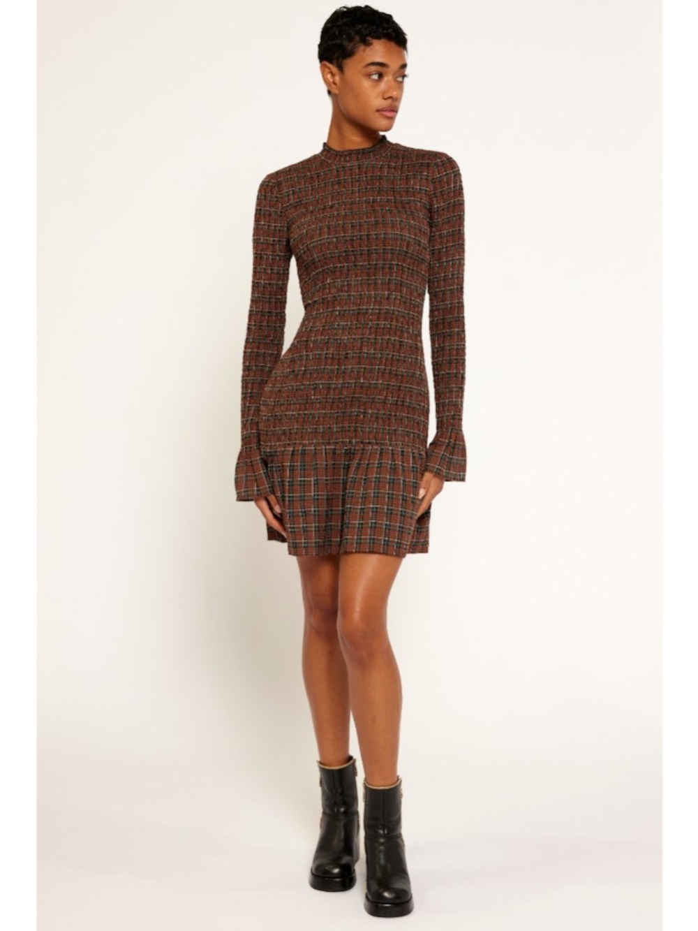 Joie Houda Smocked Plaid Flounce Mini Dress